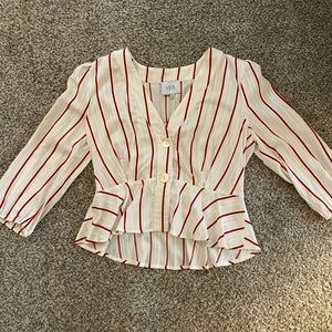 J.O.A. Red Peplum Blouse with V-Neck and Puff Sleeves